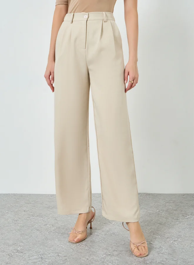 Styli Women Beige Wide Leg Pants with Pocket